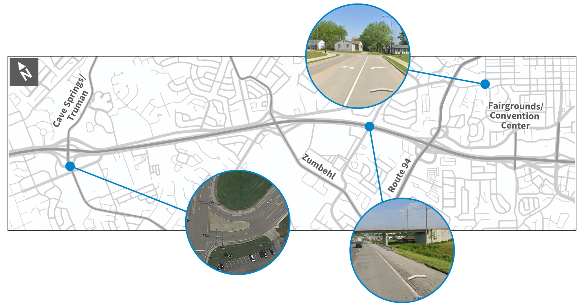 Map showing Cave Springs and Convention center locations